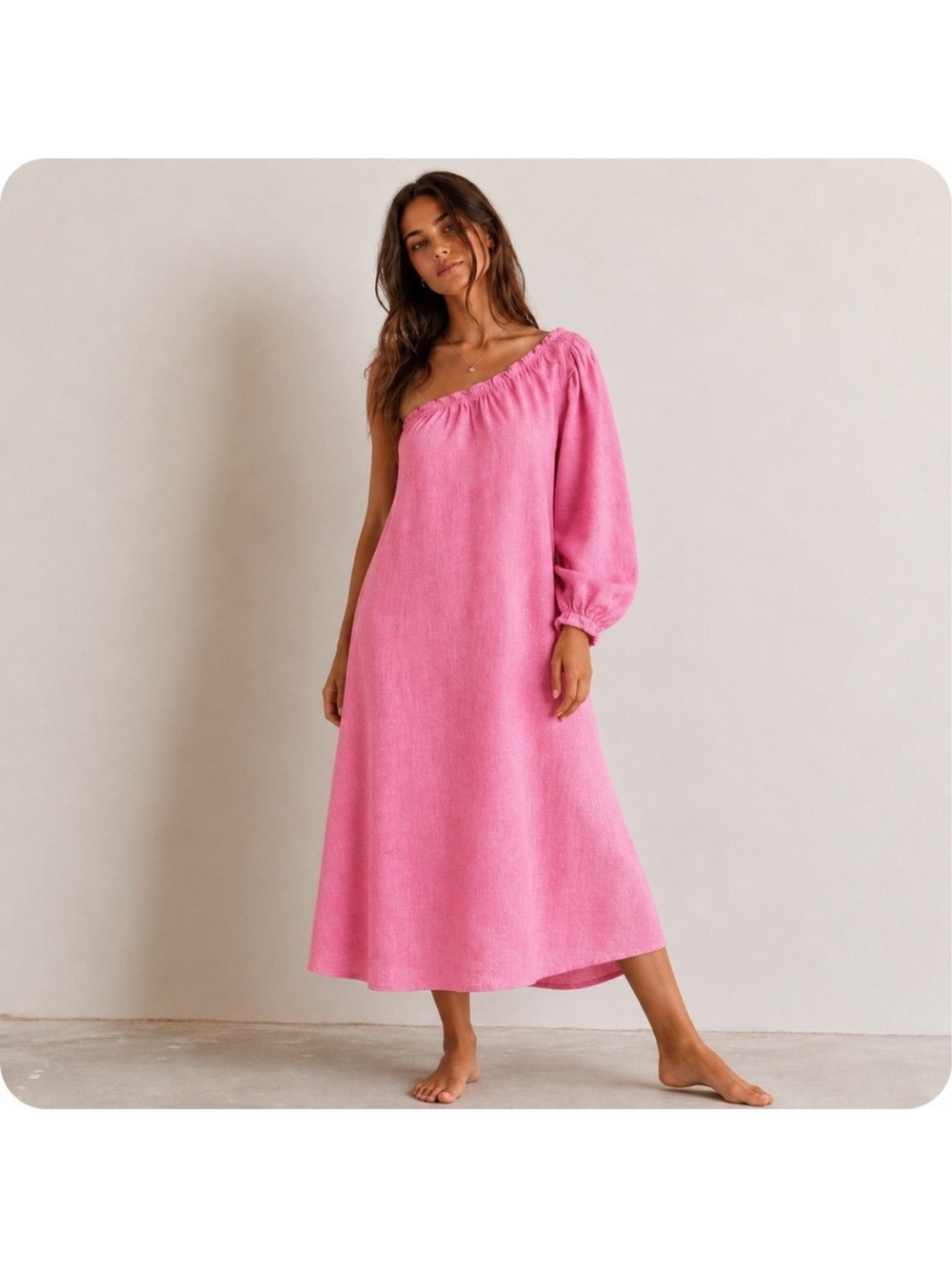 LAKE Pink linen One-Shoulder Dress